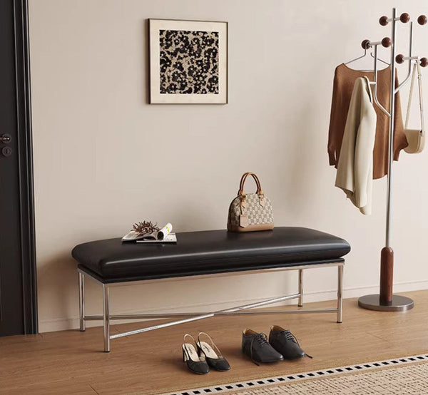 Modern Shoe Changing Ottoman, Upholstered Shoe Bench, Contemporay Bedroom Bench, Narrow Entryway Bench, Mid-Century Hall Bench, Luxury Genuine Leather Entry Bench-HomePaintingDecor