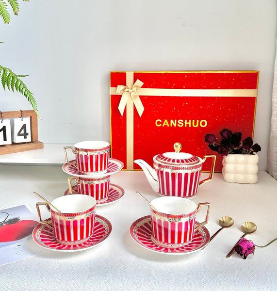 Beautiful Porcelain Tea Cup and Saucer Set, Red Tea Cup and Saucer Set with Teapot in Gift Box, Modern Ceramic Coffee Cups-HomePaintingDecor