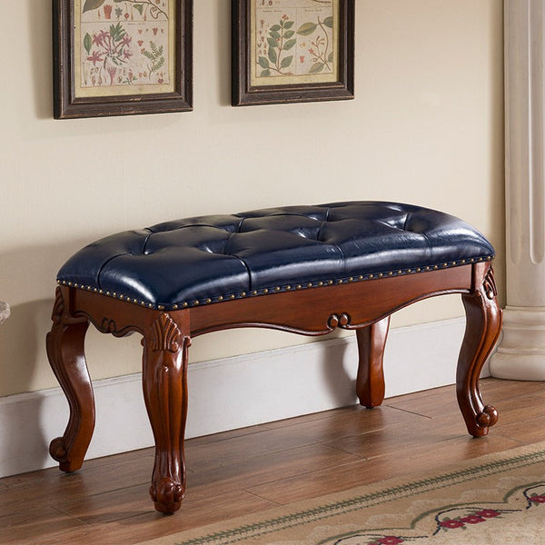 Vintage Blue Leather Stool, Genuine Leather Solid Wood Entry Bench, Rubber Wood Footstool, Farmhouse Entryway Bench, Leather Lounge Chair Modern, Dressing Table Stool-HomePaintingDecor