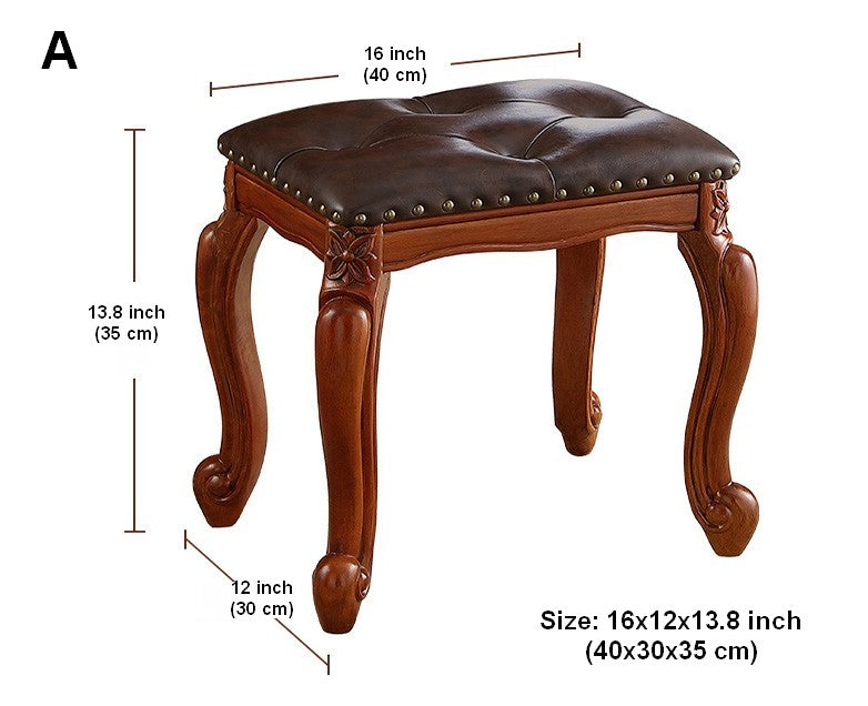 Rubberwood Entry Bench, Vanity Stool, Genuine Leather Solid Wood Entry Bench, Vintage Entry Stool, Solid Wood Ottoman-HomePaintingDecor