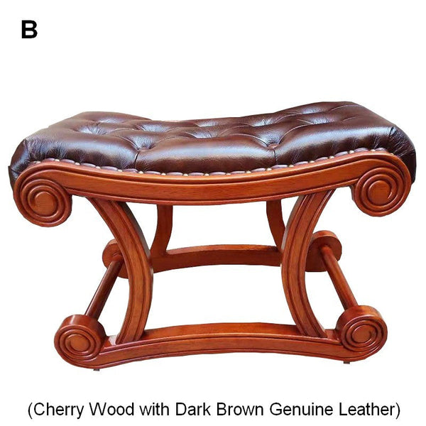 Cherry Wood Footstool, Vintage Leather Stool, Genuine Leather Solid Wood Entry Bench, Long Bench, Vanity Stool, Dressing Table Stool-HomePaintingDecor