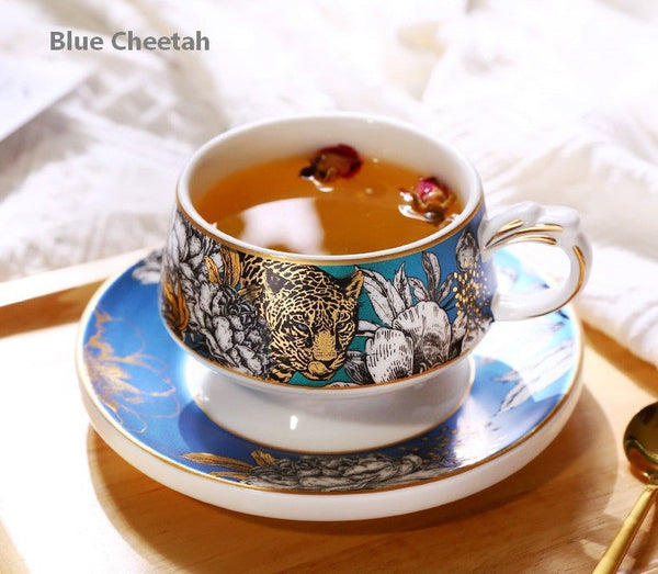 Handmade Ceramic Cups with Gold Trim and Gift Box, Jungle Tiger Cheetah Porcelain Coffee Cups, Creative Ceramic Tea Cup and Saucer-HomePaintingDecor
