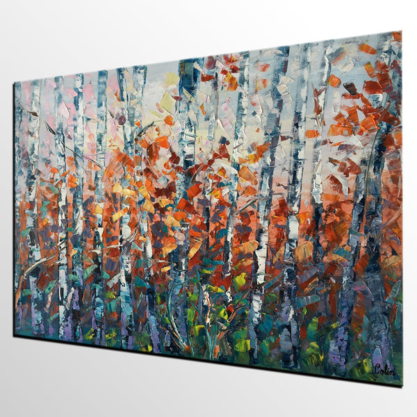 Canvas Art, Birch Tree Wall Art, Abstract Painting, Living Room Wall Art, Original Artwork, Custom Canvas Painting-HomePaintingDecor