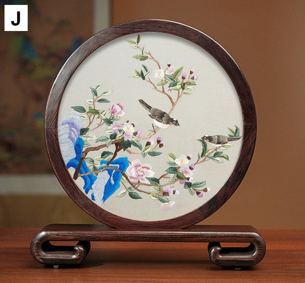 Silk Embroidered Ornament, Premium Souvenir, Exclusive Business Presents, Creative Birthday Gift, Traditional Chinese Suzhou Flower and Birds Embroidery Ornaments-HomePaintingDecor