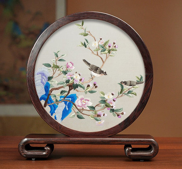 Premium Souvenir, Silk Embroidered Ornament, Exclusive Business Presents, Creative Birthday Gift, Traditional Chinese Suzhou Flower and Birds Embroidery Ornaments-HomePaintingDecor