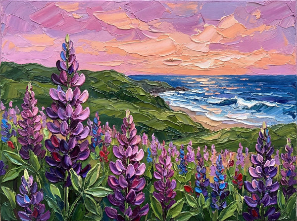 Simple Painting Ideas, Lupines in Bloom by the Sea, Landscape Canvas Paintings, Impasto Wall Art Paintings, Original Oil Paintings, Small Wall Art on Canvas-HomePaintingDecor