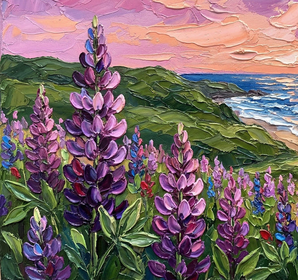 Simple Painting Ideas, Lupines in Bloom by the Sea, Landscape Canvas Paintings, Impasto Wall Art Paintings, Original Oil Paintings, Small Wall Art on Canvas-HomePaintingDecor