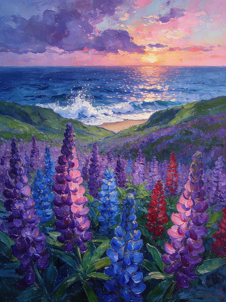 Lupines in Bloom by the Sea, Impasto Paintings, Original Small Paintings, Small Oil Paintings, Small Wall Paintings, Landscape Artwork Canvas Paintings-HomePaintingDecor