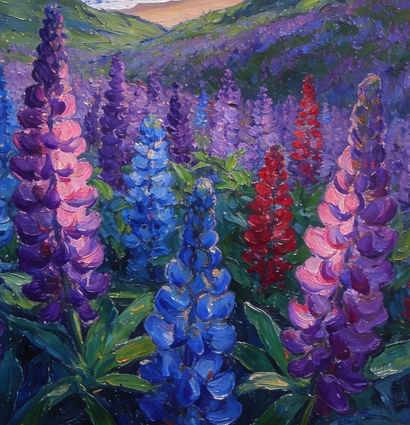 Lupines in Bloom by the Sea, Impasto Paintings, Original Small Paintings, Small Oil Paintings, Small Wall Paintings, Landscape Artwork Canvas Paintings-HomePaintingDecor