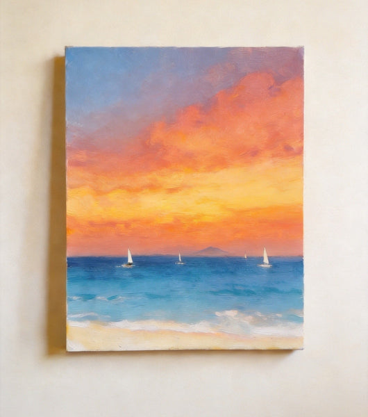 Hand Painted Canvas Artwork, Original Oil Paintings, Sunset Sail on the Horizon, Original Seascape Paintings, Buy Small Paintings Online