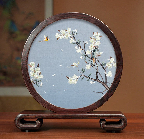 Exclusive Business Presents, Creative Birthday Gift, Premium Souvenir, Silk Embroidered Ornament, Traditional Chinese Suzhou Flower and Birds Embroidery Ornaments-HomePaintingDecor