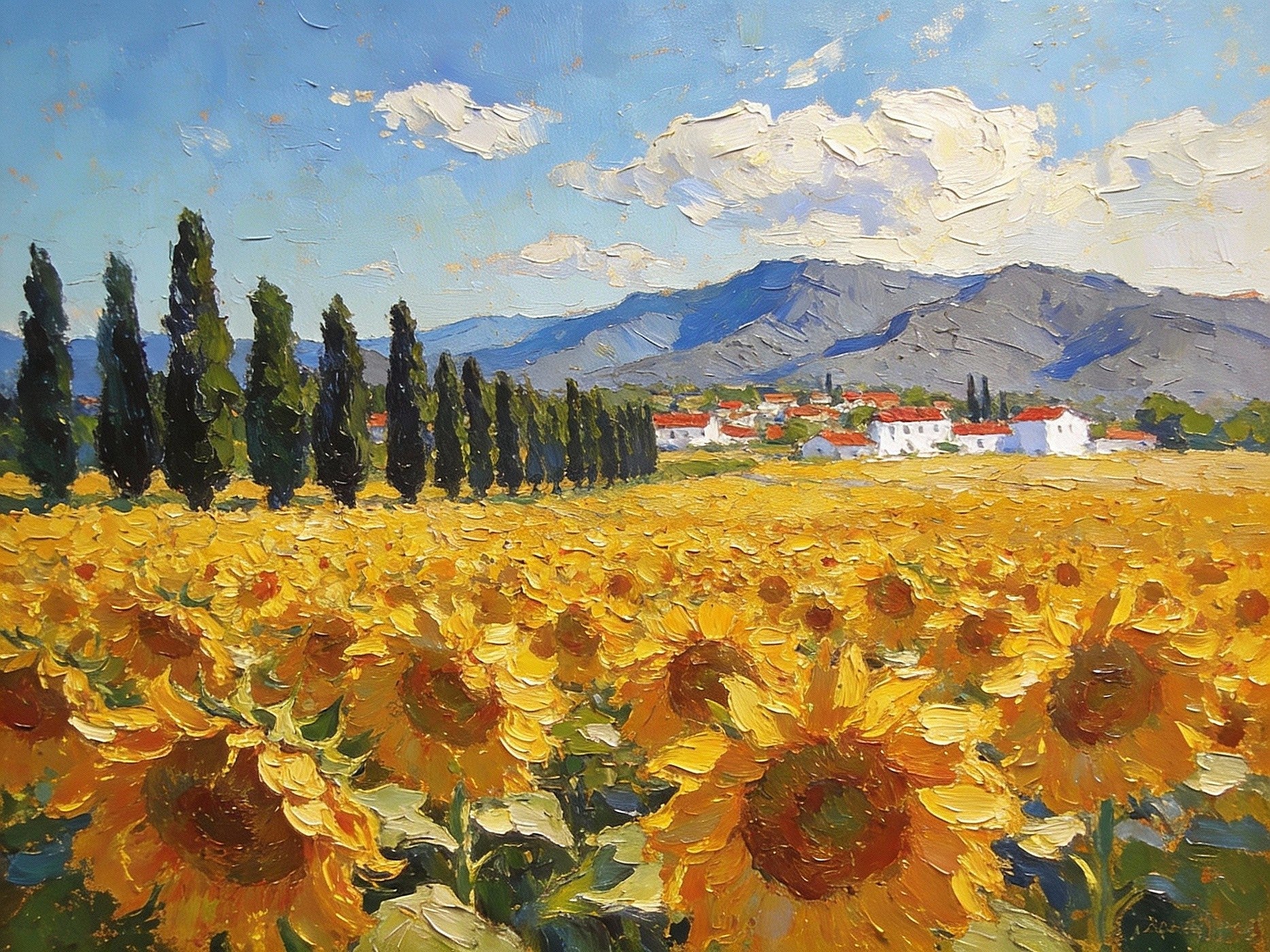 Sunflower Fields Of Provence Heavy Texture Paintings, Impasto Sunflower Art, Vibrant Yellow Flower Field Painting, French Countryside Sunflowers, Original Textured Oil Painting On Canvas