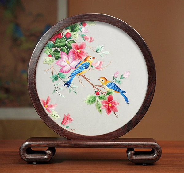 Silk Embroidered Ornament, Traditional Chinese Suzhou Flower and Birds Embroidery Ornaments, Exclusive Business Presents, Creative Birthday Gift, Premium Souvenir-HomePaintingDecor