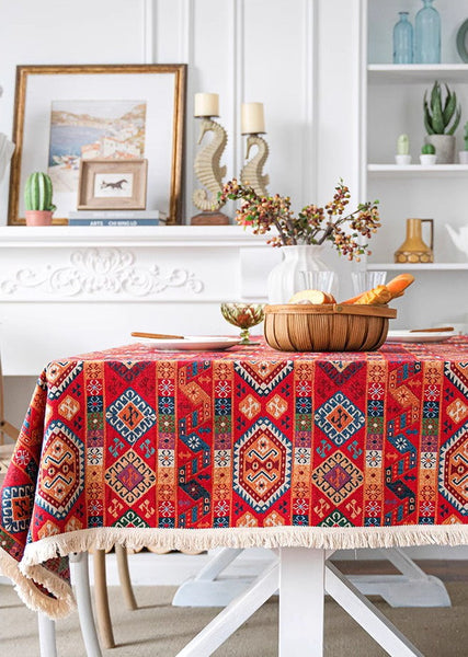 Oriental Red Rectangular Table Covers for Coffee Table, Bohemian Rectangular Tablecloth for Oval Table, Large Modern Linen Tablecloths-HomePaintingDecor