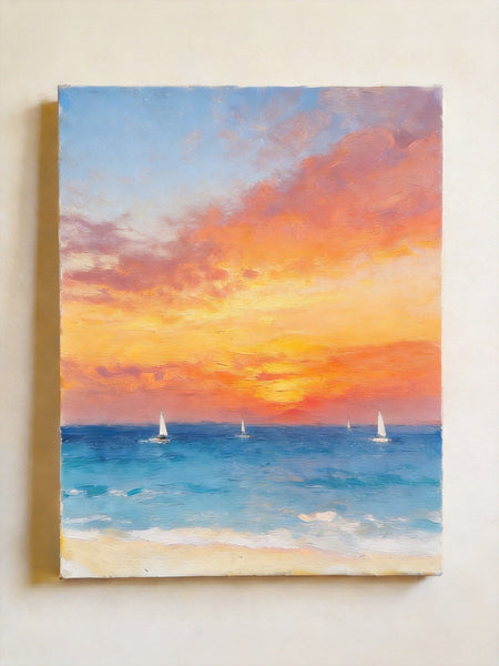 Original Oil Paintings, Sunset Sail on the Horizon, Original Seascape Paintings, Hand Painted Canvas Artwork, Buy Small Paintings Online