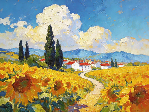 Small Wall Paintings, A Provençal Village Amidst Sunflower Fields, Small Oil Paintings on Canvas, Hand Painted Canvas Art, Heavy Texture Oil Paintings, Original Artwork Small Paintings-HomePaintingDecor