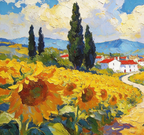 Small Wall Paintings, A Provençal Village Amidst Sunflower Fields, Small Oil Paintings on Canvas, Hand Painted Canvas Art, Heavy Texture Oil Paintings, Original Artwork Small Paintings-HomePaintingDecor