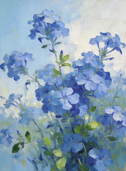 Small Canvas Wall Art Paintings, Blue Plumbago in Full Flower, Original Flower Paintings, Original Oil Paintings, Hand Painted Canvas Art