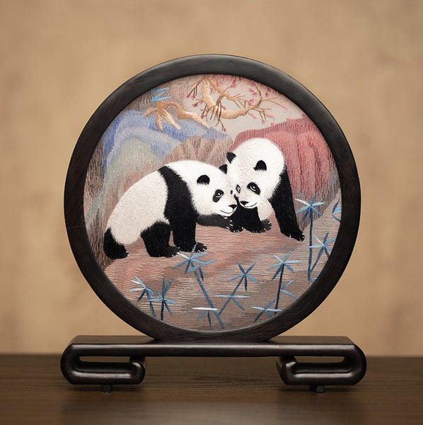 Unique Birthday Gift, Exclusive Business Present Panda Embroidered Decor, Traditional Chinese Suzhou Embroidery Ornament, Premium Souvenir-HomePaintingDecor