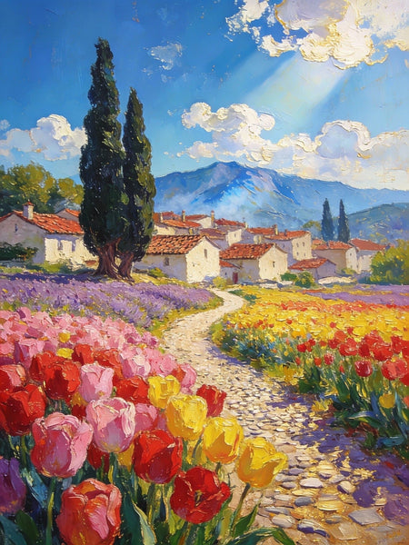 On Canvas Small Paintings, The Countryside Adorned with Blooming Tulips, Hand Painted Canvas Art, Original Artwork Small Paintings on Wall, Landscape Oil Paintings-HomePaintingDecor