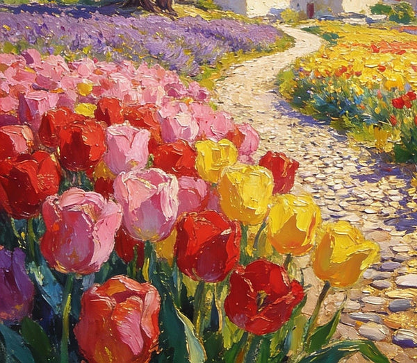 On Canvas Small Paintings, The Countryside Adorned with Blooming Tulips, Hand Painted Canvas Art, Original Artwork Small Paintings on Wall, Landscape Oil Paintings-HomePaintingDecor