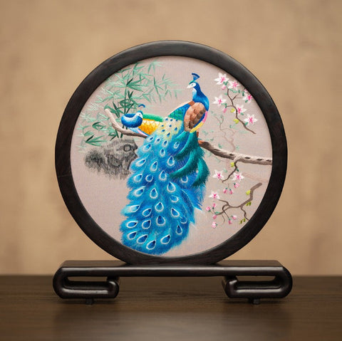 Traditional Chinese Suzhou Embroidery Ornament, Exclusive Business Present Peacock Embroidered Decor, Premium Souvenir, Unique Birthday Gift-HomePaintingDecor
