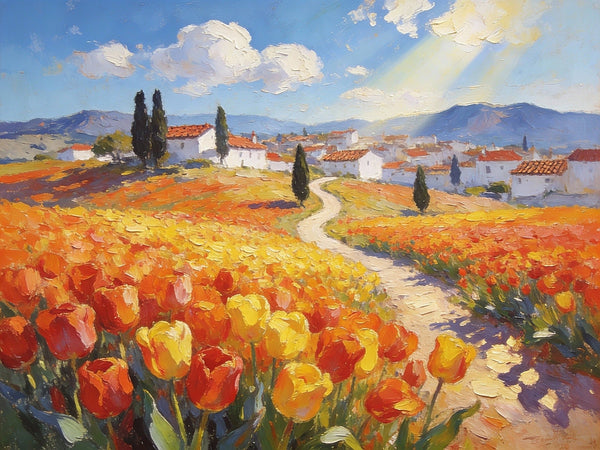 Original Oil Paintings, Village Amidst the Tulip Fields, Small Oil Paintings on Canvas, Small Canvas Paintings, Hand Painted Canvas Art, Simple Painting Ideas, Small Landscape Paintings-HomePaintingDecor