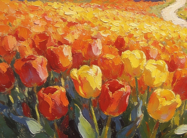 Original Oil Paintings, Village Amidst the Tulip Fields, Small Oil Paintings on Canvas, Small Canvas Paintings, Hand Painted Canvas Art, Simple Painting Ideas, Small Landscape Paintings-HomePaintingDecor