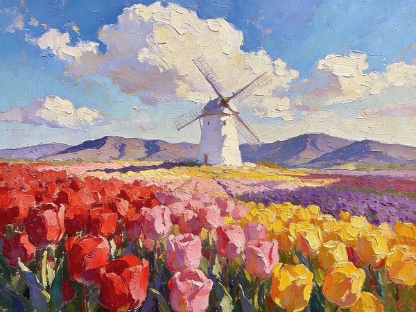 Windmills Amidst the Blooming Tulip Fields, Small Landscape Paintings, Small Oil Paintings on Canvas, Small Canvas Paintings, Original Oil Paintings, Hand Painted Canvas Art, Simple Painting Ideas-HomePaintingDecor