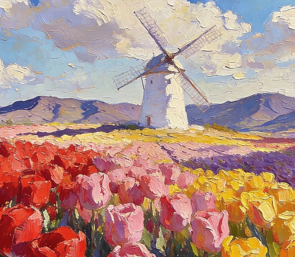 Windmills Amidst the Blooming Tulip Fields, Small Landscape Paintings, Small Oil Paintings on Canvas, Small Canvas Paintings, Original Oil Paintings, Hand Painted Canvas Art, Simple Painting Ideas-HomePaintingDecor