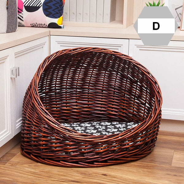Natural Wicker Cat House Basket with Washable Cushion for Indoor Cats and Dogs, Hand woven Rattan Cat Bed-HomePaintingDecor