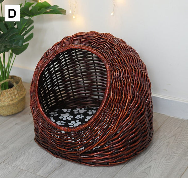 Hand woven Rattan Cat Bed, Natural Wicker Cat House Basket with Washable Cushion for Indoor Cats and Dogs-HomePaintingDecor