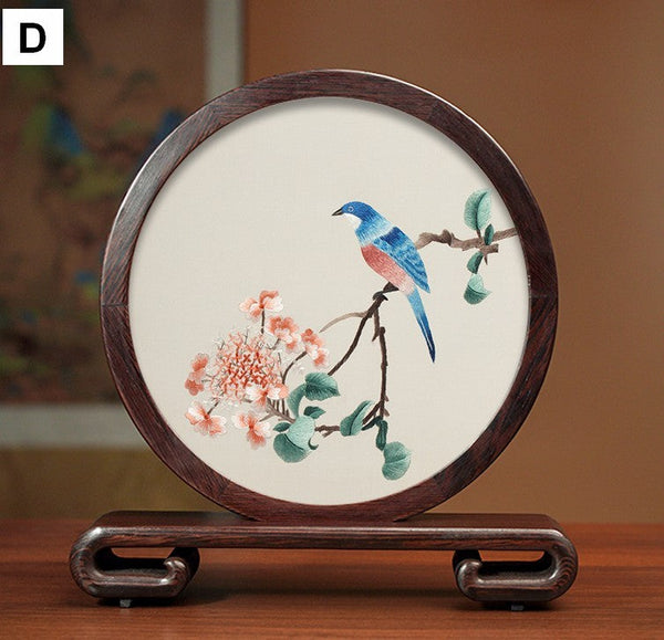 Flower and Bird Embroidery Ornaments, Unique Birthday Gift, Traditional Chinese Suzhou Silk Embroidered Ornament, Premium Souvenir, Exclusive Business Presents-HomePaintingDecor