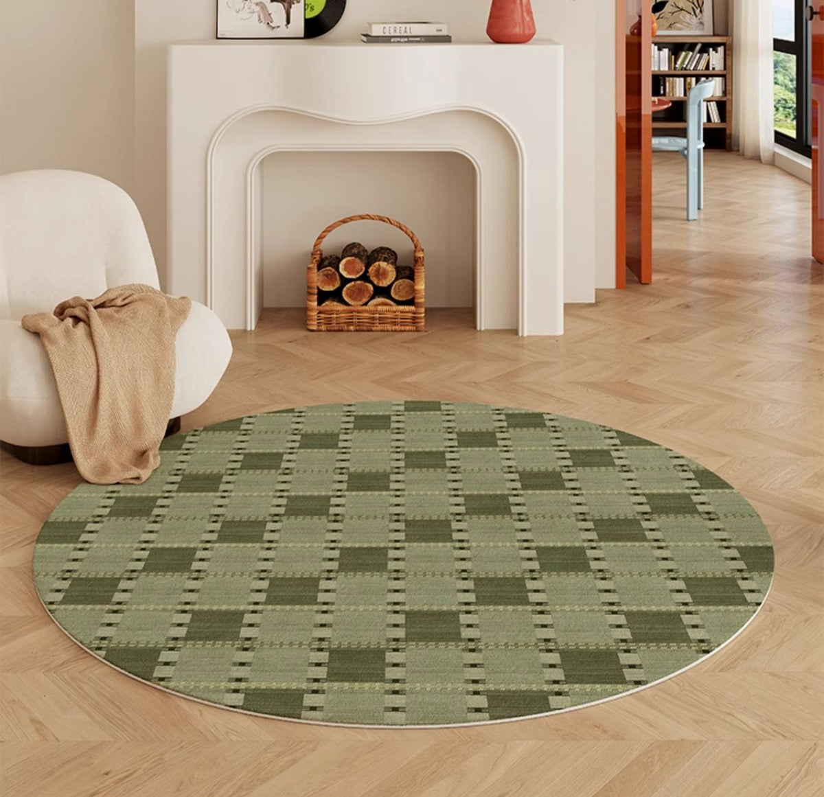 Contemporary Modern Rug for Living Room, Green Modern Area Rugs for Bedroom, Geometric Round Rugs for Dining Room, Circular Modern Rugs under Chairs