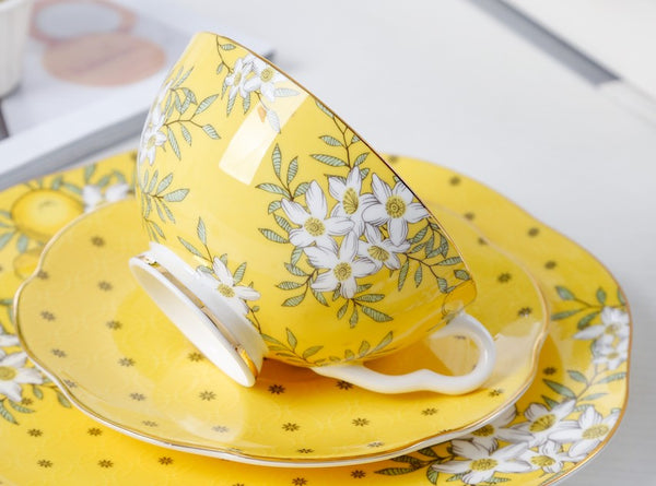 Creative Yellow Ceramic Coffee Cups, Unique Flower Coffee Cup and Saucer, Beautiful British Tea Cups, Creative Porcelain Tea Cup Set-HomePaintingDecor