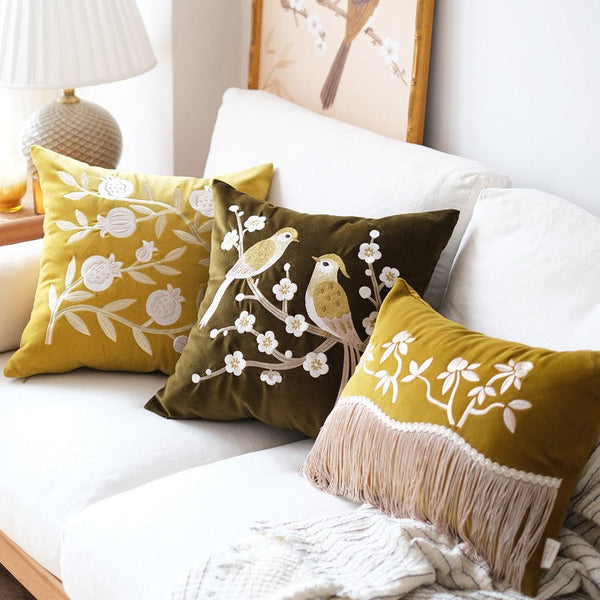 Embroidered birds cushion, Decorative Pillows for Couch, Vintage Decorative Pillows, Modern Throw Pillows for Bedroom, Decorative Pillow Arrangement Ideas for Couch-HomePaintingDecor