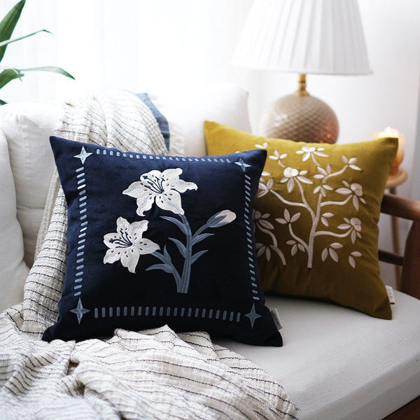 Dark Blue Lily Embroidered Cushion, Living Room Decorative Pillows, Decorative Pillow Arrangement Ideas for Couch, Large Decorative Pillows for Couch, Modern Throw Pillows for Bedroom-HomePaintingDecor