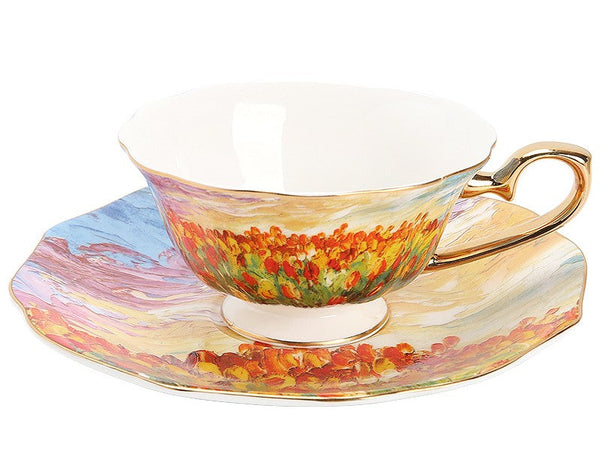 Elegant Ceramic Coffee Cups, Flower Field Vintage Porcelain Tea Cup Saucer Set, Unique British Tea Cup and Saucer in Gift Box, Royal Ceramic Cups-HomePaintingDecor