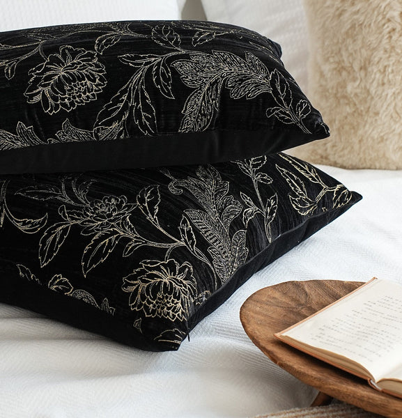 Contemporary Modern Sofa Pillows, Black Embroidery Flower Pattern Pillows for Couch, Decorative Throw Pillows for Bedroom, Large Modern Sofa Pillow for Dining Room-HomePaintingDecor