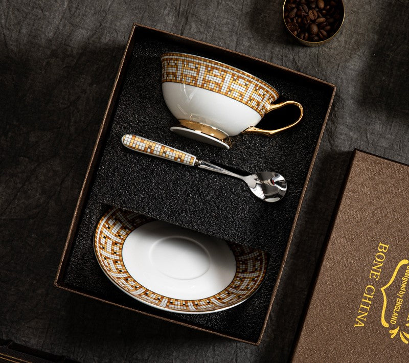Handmade Elegant British Ceramic Coffee Cups, Unique Tea Cup and Saucer in Gift Box, Bone China Porcelain Tea Cup Set for Office, Yellow Ceramic Cups-HomePaintingDecor