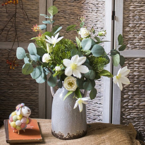 Eucalyptus Globulus, Clematis, White Rose Flowers, Unique Flower Arrangement for Home Decoration, Beautiful Modern Artificial Flowers for Dining Room Table-HomePaintingDecor