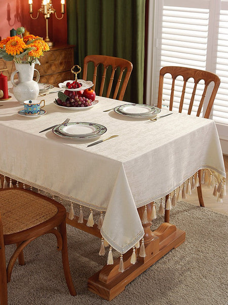 Modern Rectangle Tablecloth for Kitchen, Beige Fringes Tablecloth for Home Decoration, Square Tablecloth for Round Table, Large Simple Table Cloth for Dining Room Table-HomePaintingDecor