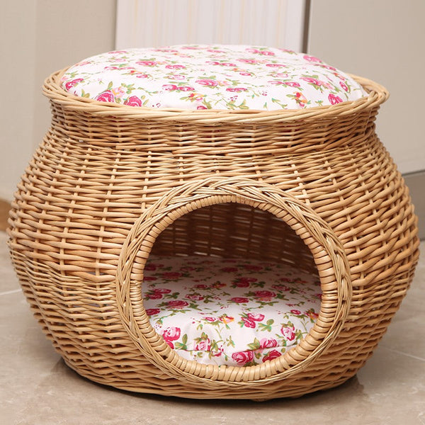 Rattan Cat Bed, Wicker Cat House Basket with Washable Cushion for Indoor Cats and Dogs-HomePaintingDecor