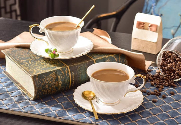 White Porcelain Tea Cup Saucer Set, 8 oz British Tea Cup and Saucer in Gift Box, Unique British Ceramic Coffee Cups for Traditional Afternoon Tea-HomePaintingDecor