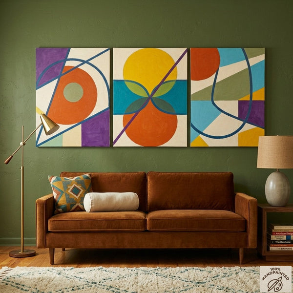 Abstract Paintings for Mid Century Modern Living Room, Multi Panel Canvas Art, Geometric Pattern Contemporary Artwork-HomePaintingDecor