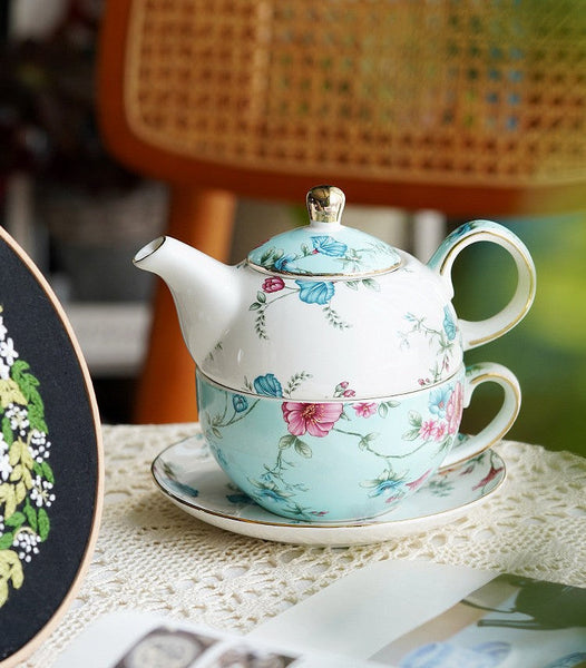 Porcelain Teapot with Matching Cup and Saucer in Gift Box, Stackable Teapot and Cup Set, Ceramic Tea Pot with Integrated Cup, Mother and Baby Teapot with Matching Saucer-HomePaintingDecor