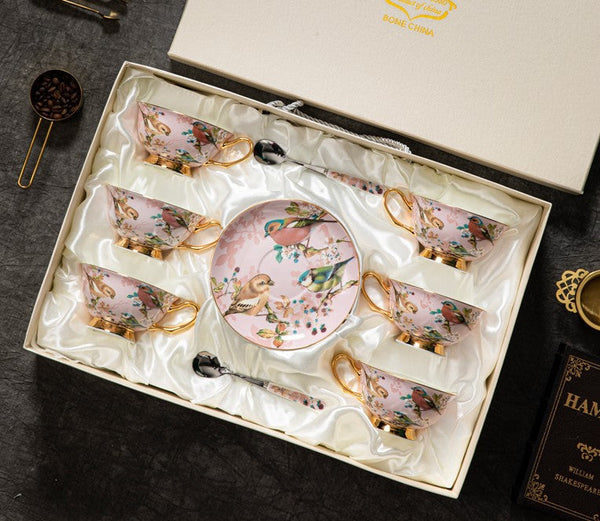 Unique Tea Cup and Saucer in Gift Box, Lovely Birds Ceramic Cups, Elegant Ceramic Coffee Cups, Afternoon Bone China Porcelain Tea Cup Set-HomePaintingDecor