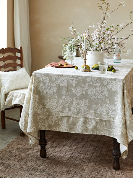 French Flower Pattern Tablecloth for Round Table, Vintage Rectangle Tablecloth for Dining Room Table, Rustic Farmhouse Table Cover for Kitchen-HomePaintingDecor