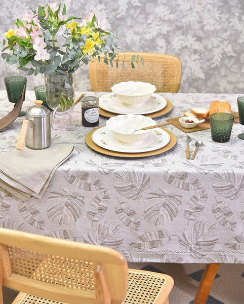 Monstera Leaf Modern Table Cloths for Kitchen, Simple Contemporary Grey Cotton Tablecloth, Large Rectangle Table Covers for Dining Room Table, Square Tablecloth for Round Table-HomePaintingDecor