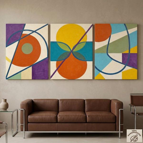Abstract Paintings for Mid Century Modern Living Room, Multi Panel Canvas Art, Geometric Pattern Contemporary Artwork-HomePaintingDecor